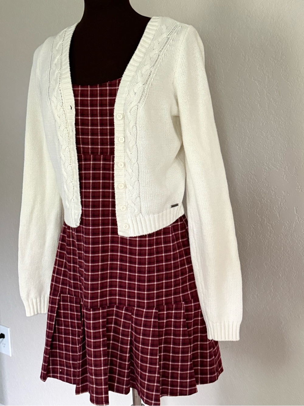 Hollister Plaid Mini Dress & Cropped Cardigan 2 Piece Set Medium